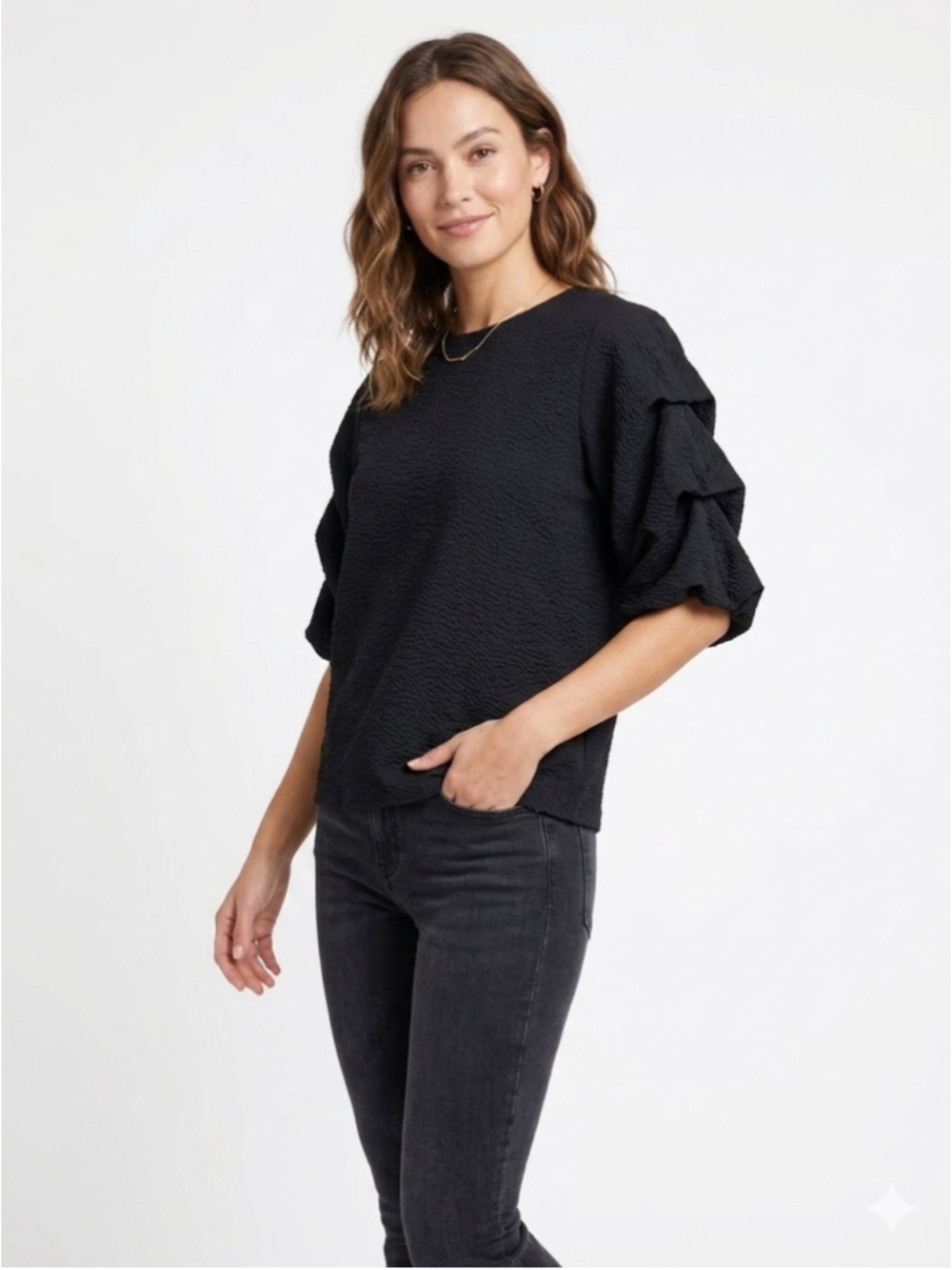 Women's COS Black Structured Seersucker Ruffle Cascade Sleeve Cotton Blouse Sz 6